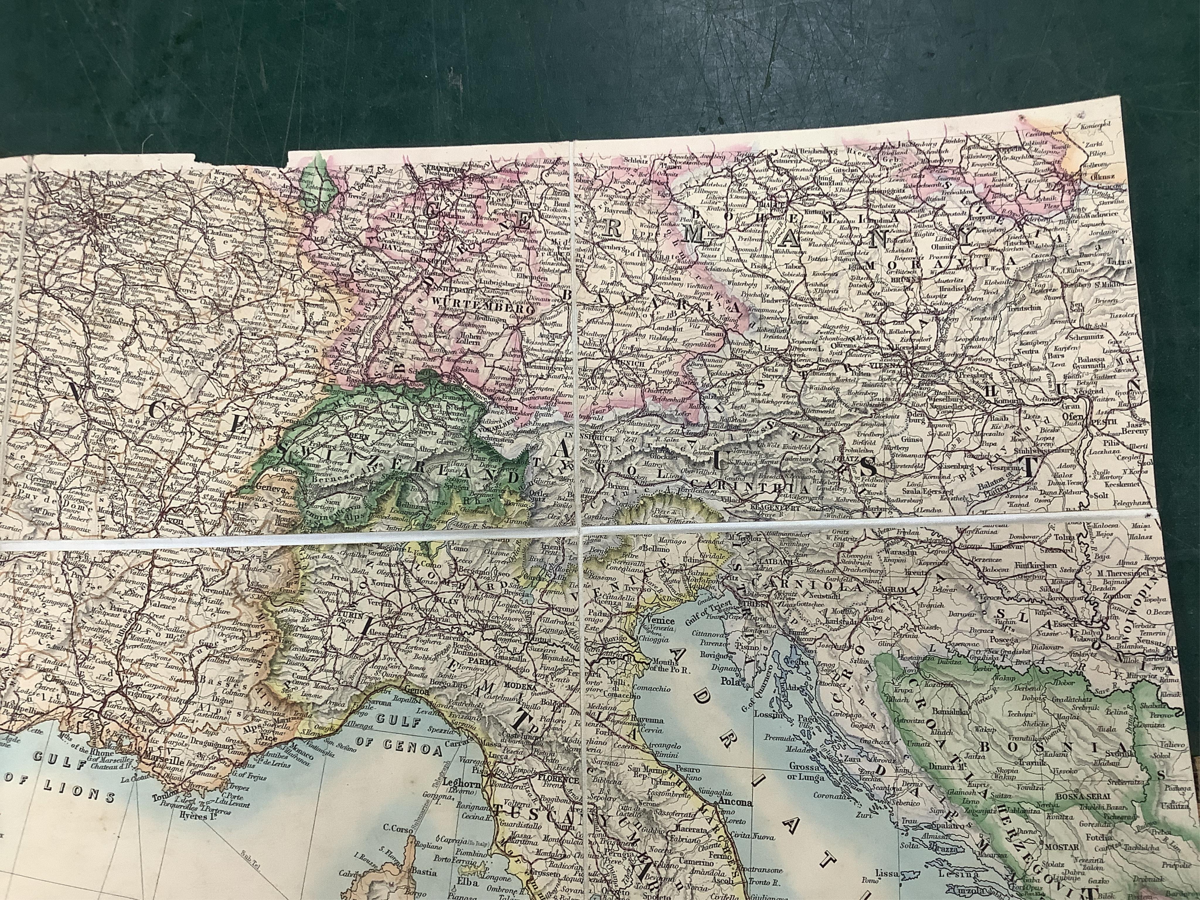 Stanford's Library Map of Europe ... by A. Keith Johnston ... 4 sheets, coloured and folded on line, sheets approx. 75 x 82cm within ruled borders, contained in original morocco case, 1876
